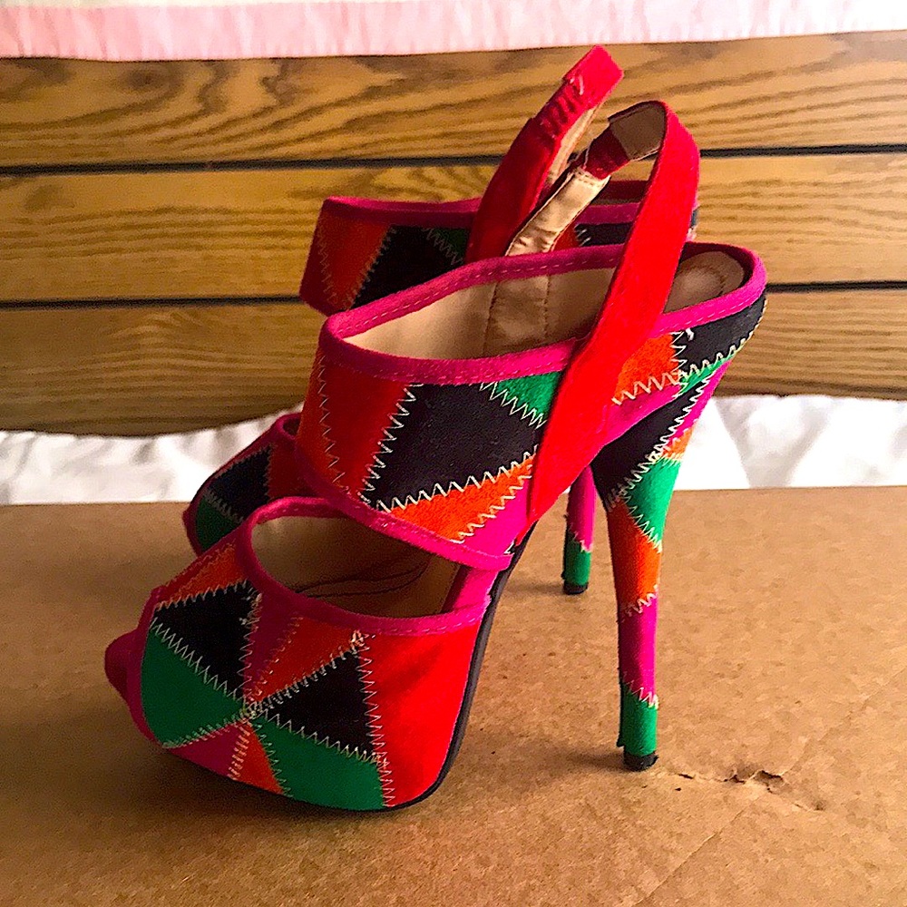 Multicolored Peep Toe Platform Heels. US size 6.5.